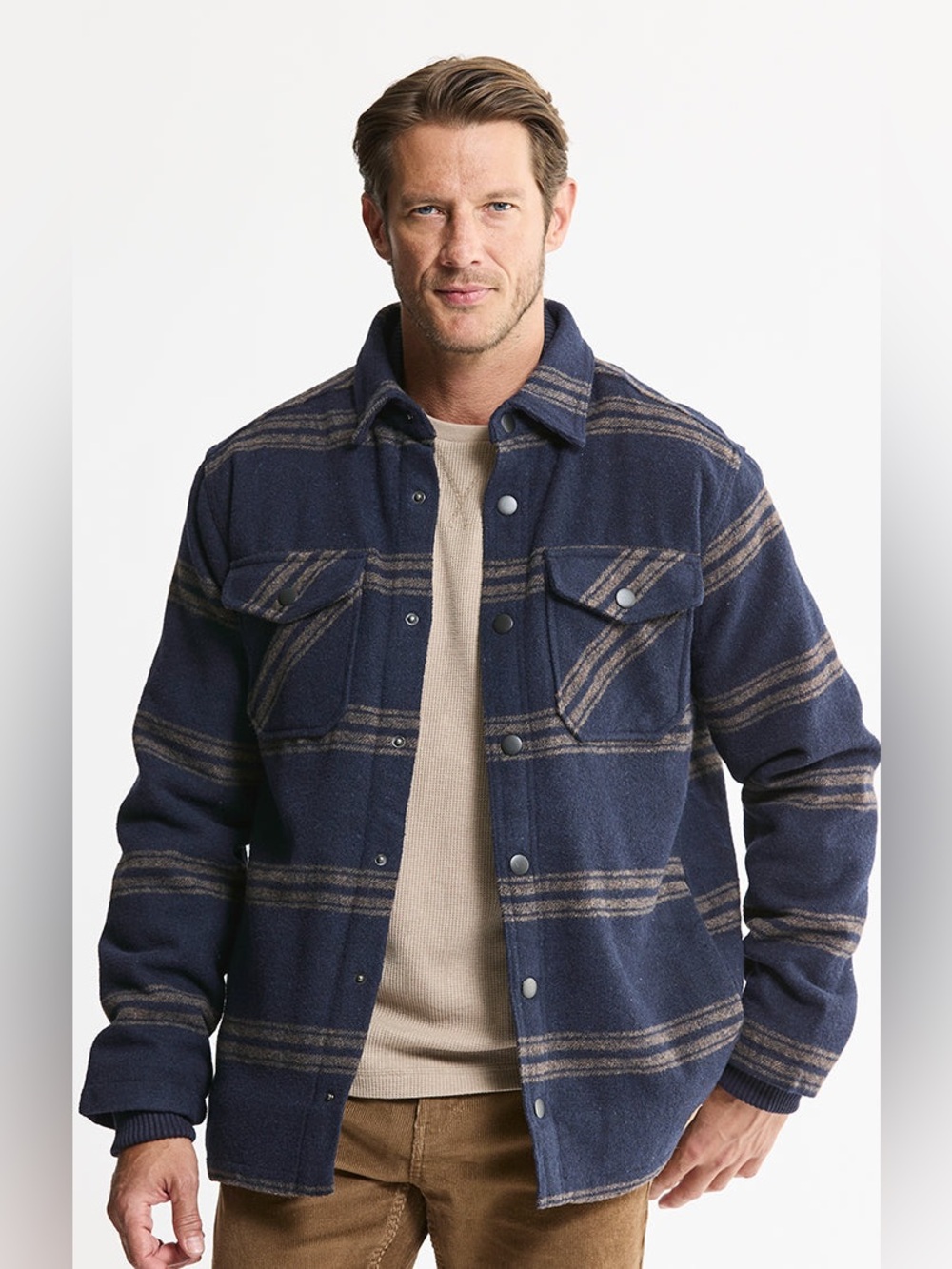 Sherpa Lined Wool Blend Jacket In Navy Stripe Sherpa XL